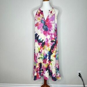 CABI Celebration Dress #5971 Midi Halter Dress MED Colorful Tie Dye Watercolor